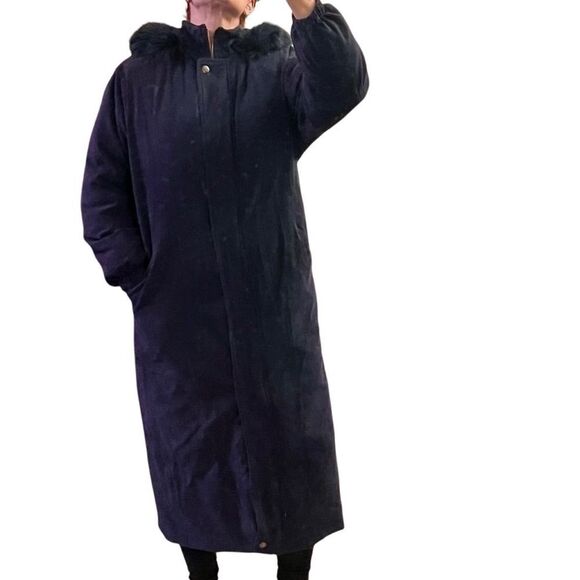 Goose Down Fox fur Navy Blue Maxi removable Genuine collar Hood Vintage S - Picture 3 of 16